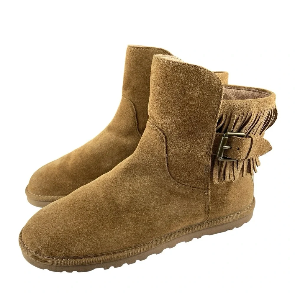 UGG Women's Cara Ankle Boots Size 8 Chestnut Suede Buckle Fringe Pull On Western